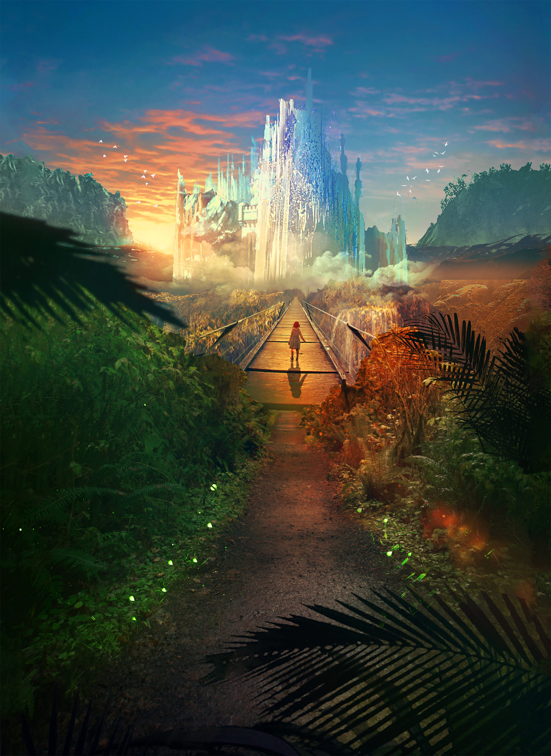 edenya di laura rizzoglio - ragazzina che percorre il sentiero verso palazzo celestiale - artwork Heaven by t1na