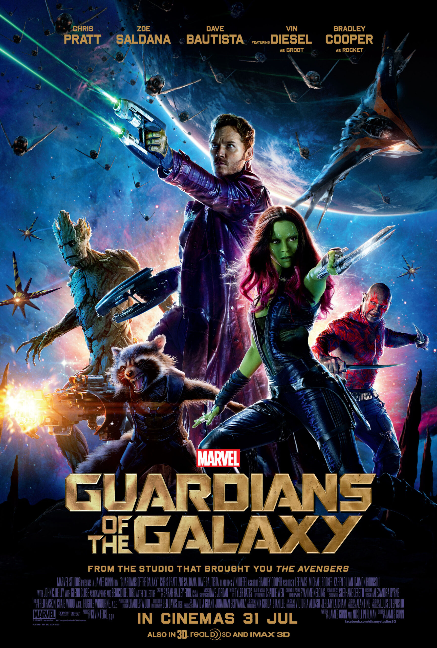 Vin Diesel, Bradley Cooper, Chris Pratt, Zoe Saldana, and Dave Bautista in Guardians of the Galaxy (2014)