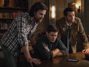 Jared Padalecki, Jensen Ackles, and Misha Collins as Sam, Dean, and Castiel in the fifteenth and last season of Supernatural.