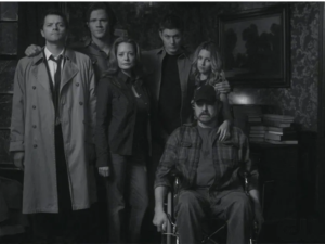 Misha Collins, Jared Padalecki, Samantha Ferris, Jensen Ackles, Alona Tal, and Jim Beaver as Castiel, Sam, Ellen, Dean, Jo, and Bobby
