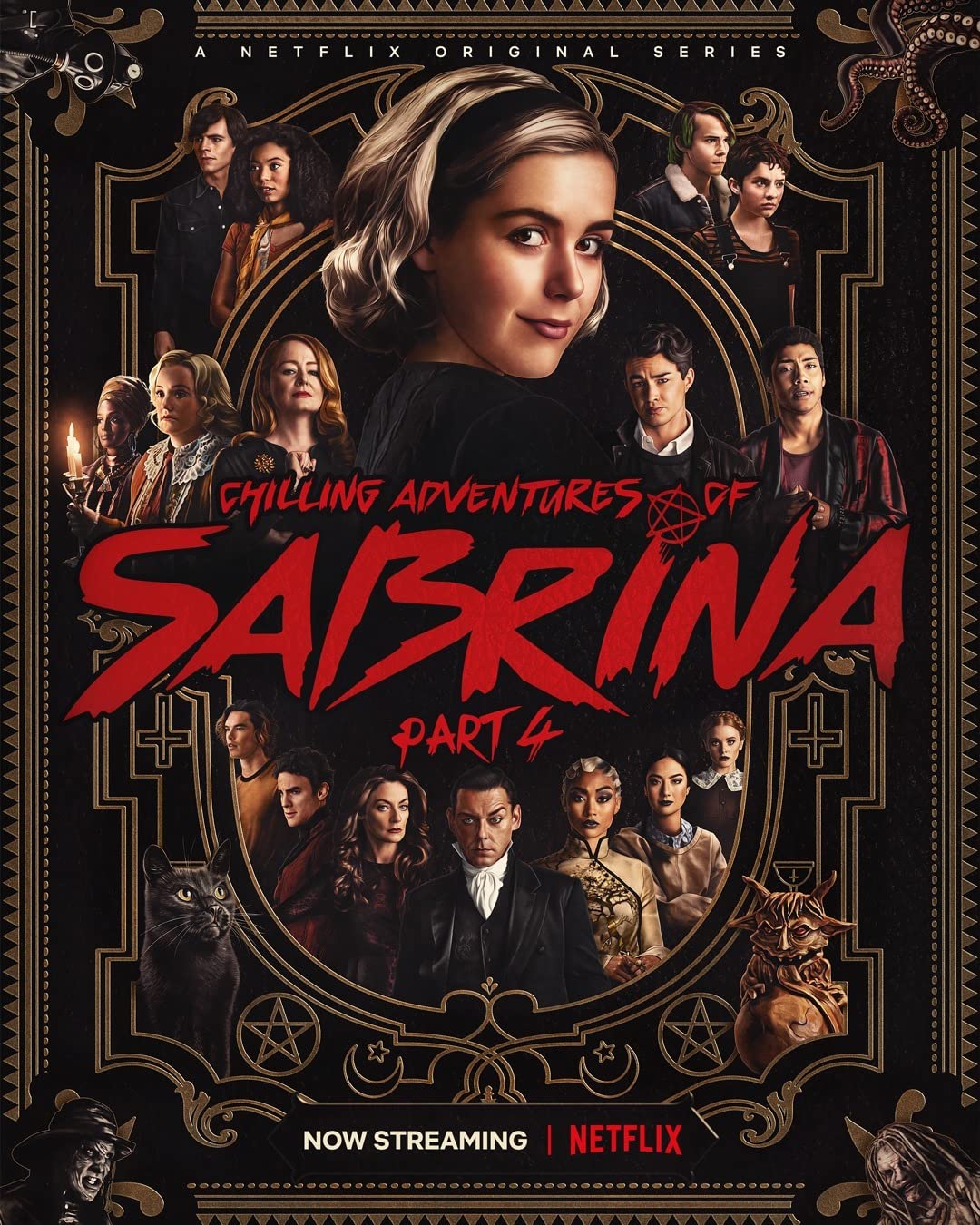 Miranda Otto, Richard Coyle, Lucy Davis, Michelle Gomez, Luke Cook, Kiernan Shipka, Ross Lynch, Jaz Sinclair, Skye P. Marshall, Lachlan Watson, Tati Gabrielle, Abigail Cowen, Jonathan Whitesell, Gavin Leatherwood, Sam Corlett, Chance Perdomo, and Adeline Rudolph in Chilling Adventures of Sabrina (2018) poster