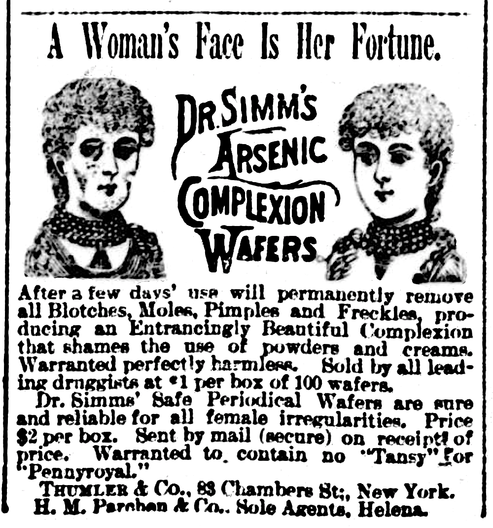 November 9, 1889 newspaper advertisement for "Arsenic Complexion Wafers" in The Helena Independent newspaper, Helena, Montana, U.S.