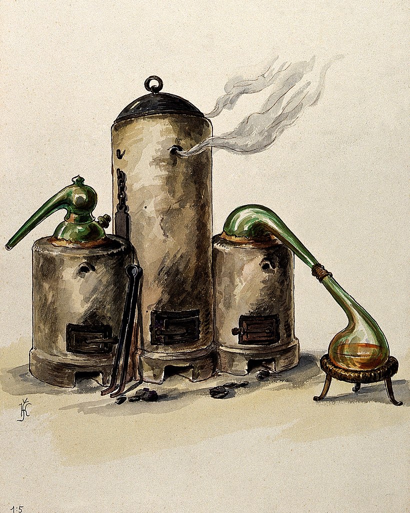 Alchemy: three furnaces with glass vessels on two of them.