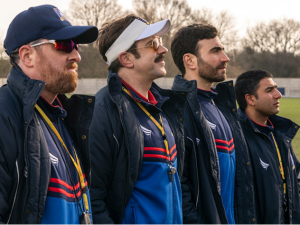 Brendan Hunt, Jason Sudeikis, Brett Goldstein and Nick Mohammed as Coach Beard, Ted Lasso, Roy Kent and Nathan Shelley in season two of Ted Lasso