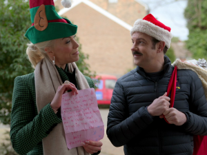 Hannah Waddingham and Jason Sudeikis as Rebecca Welton and Ted in Ted Lasso Carol of the Bells
