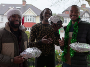 Some of the AFC Richmond players arrive at the Higgins house for the Christmas celebrations in Ted Lasso Carol of the Bells