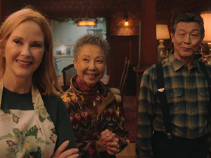 Rebecca Staab, Takayo Fischer, and James Saito as the Lin family in Netflix Love Hard