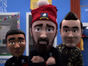 Claymation Nick Mohammed, Brendan Hunt and Phil Dunster as Nate Shelley, Coach Beard and Jamie Tartt in The Missing Christmas Mustache