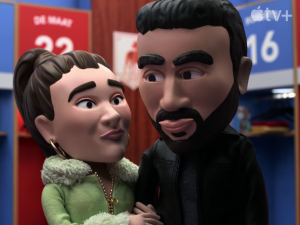 Claymation Juno Temple and Brett Goldstein as Keeley Jones and Roy Kent in The Missing Christmas Mustache