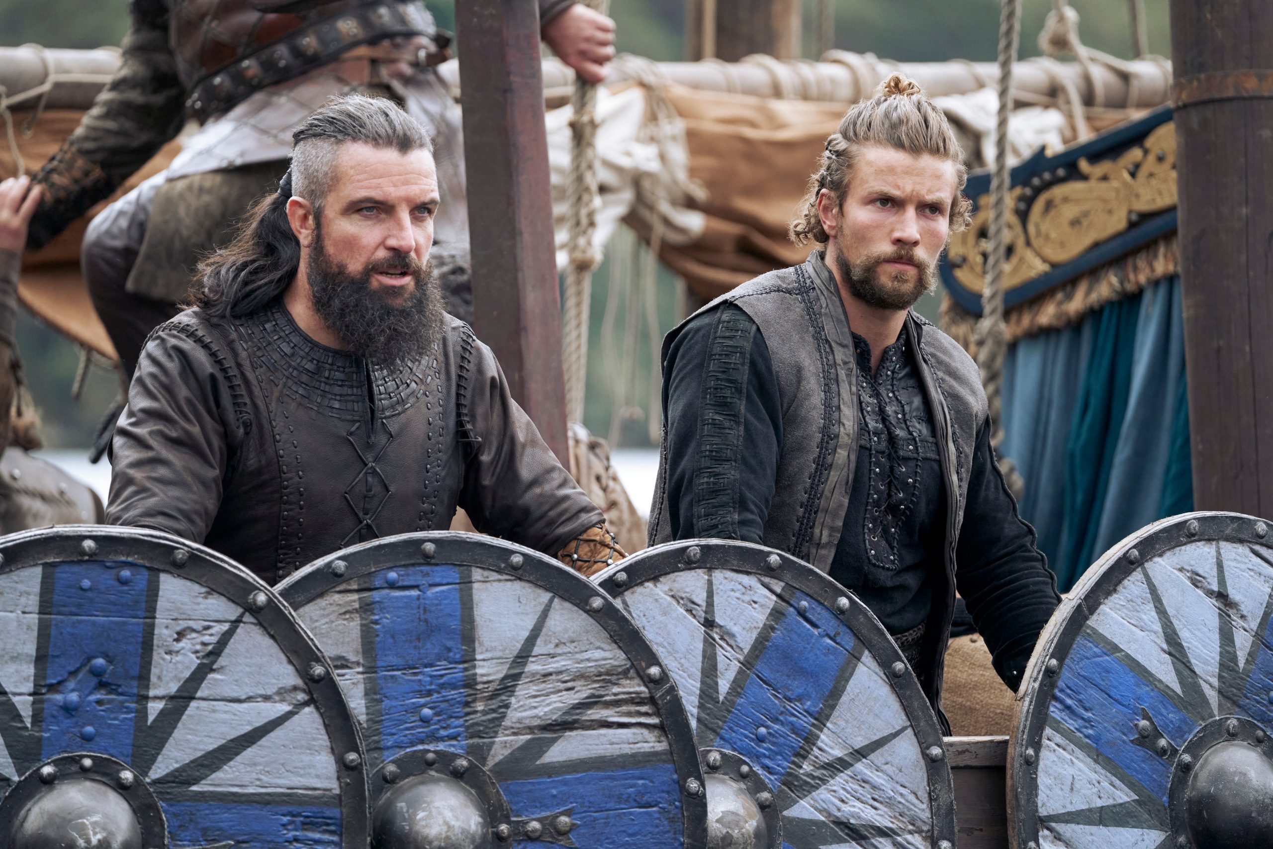 Vikings: Valhalla. (L to R) Bradley Freegard as Canute, Leo Suter as Harald in episode 102 of Vikings: Valhalla. Cr. Bernard Walsh/Netflix