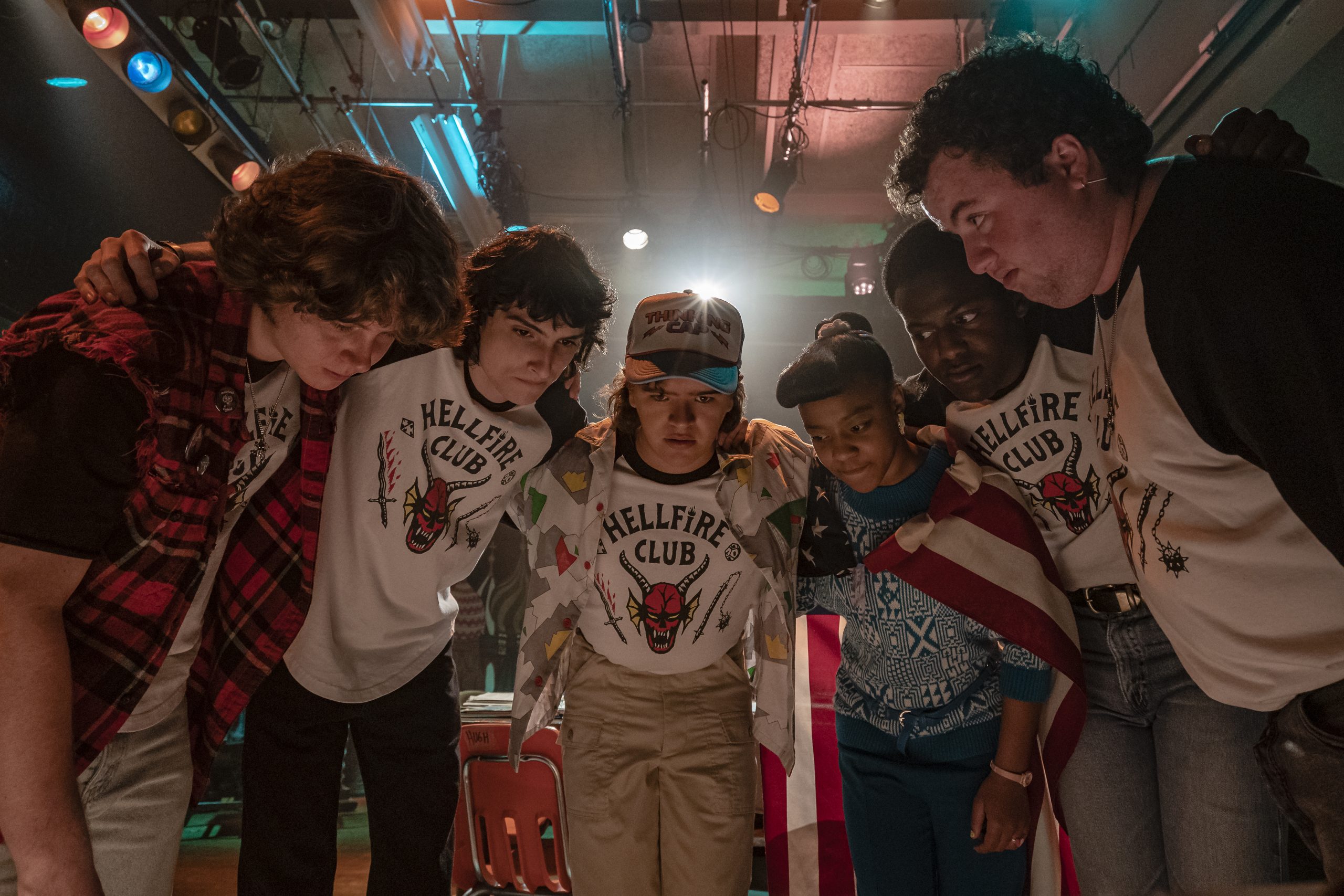 STRANGER THINGS. (L to R) Finn Wolfhard as Mike Wheeler, Gaten Matarazzo as Dustin Hendrson and Priah Ferguson as Erica Sinclair in STRANGER THINGS. Cr. Tina Rowden/Netflix © 2022