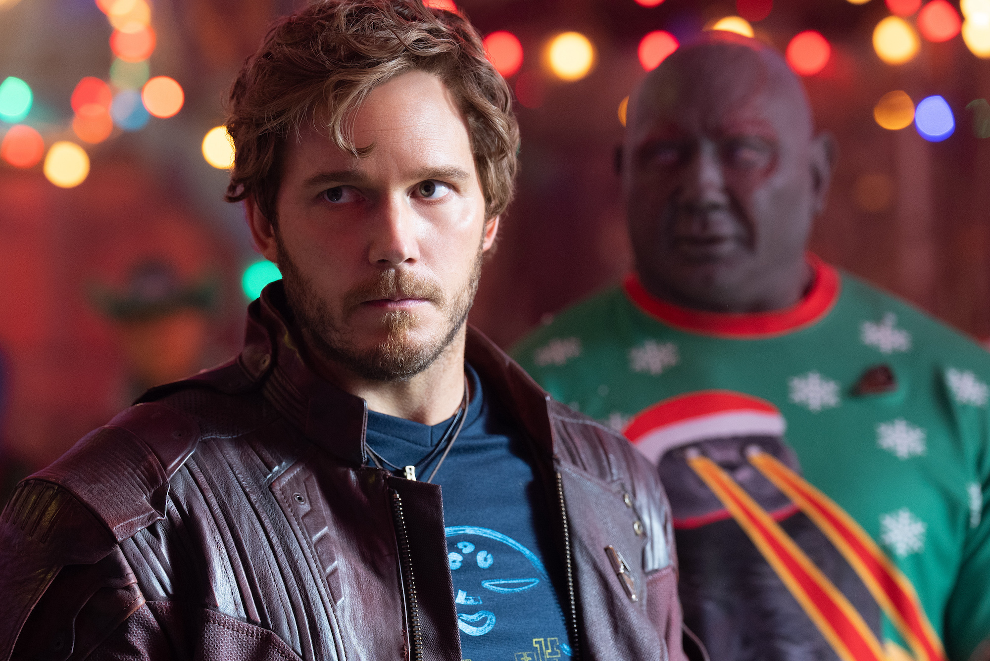 (L-R): Chris Pratt as Peter Quill/Star-Lord and Dave Bautista as Drax in Marvel Studios' The Guardians of the Galaxy: Holiday Special, exclusively on Disney+. Photo by Jessica Miglio. © 2022 MARVEL.