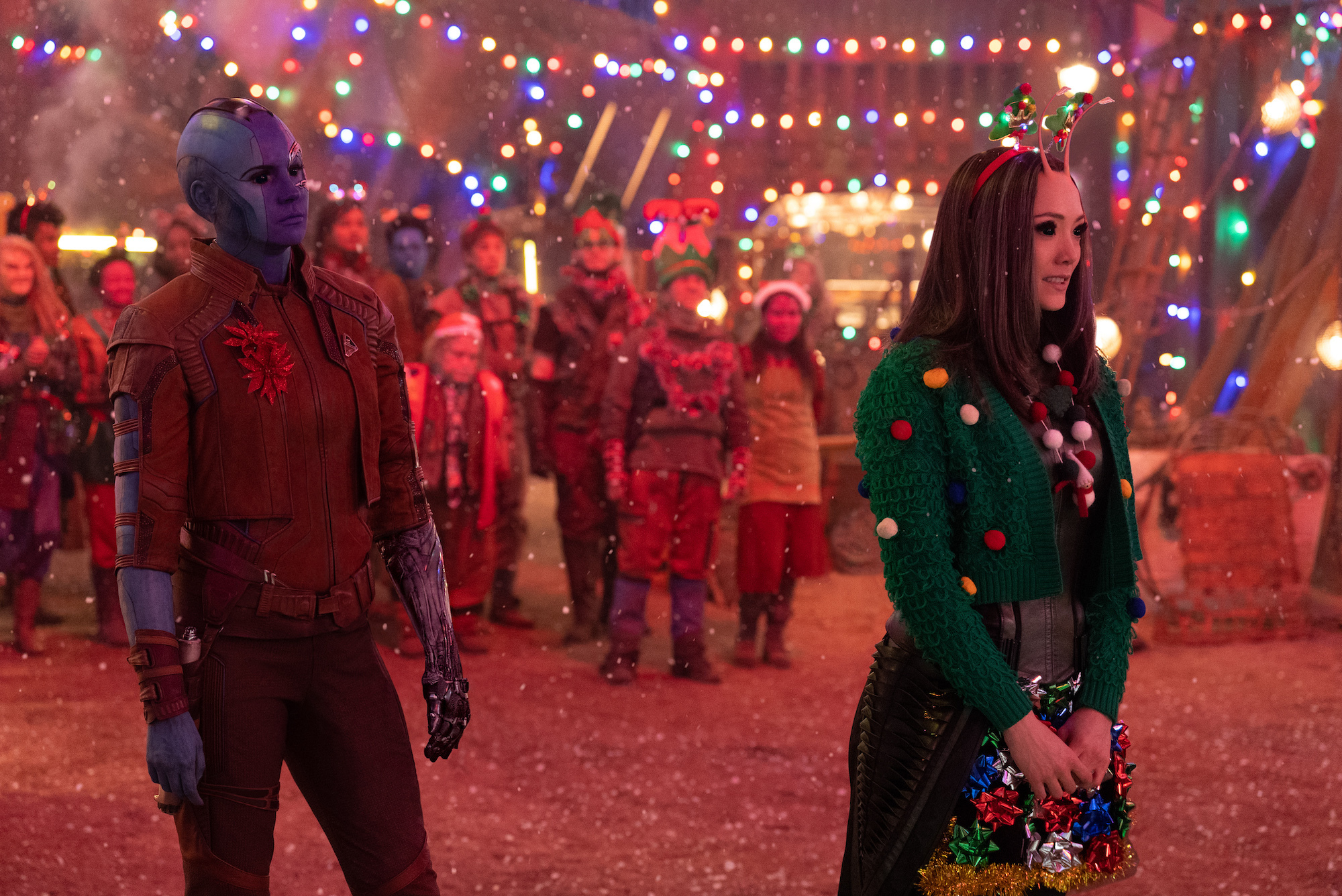 (L-R): Karen Gillan as Nebula and Pom Klementieff as Mantis in Marvel Studios' The Guardians of the Galaxy: Holiday Special, exclusively on Disney+. Photo by Jessica Miglio. © 2022 MARVEL.