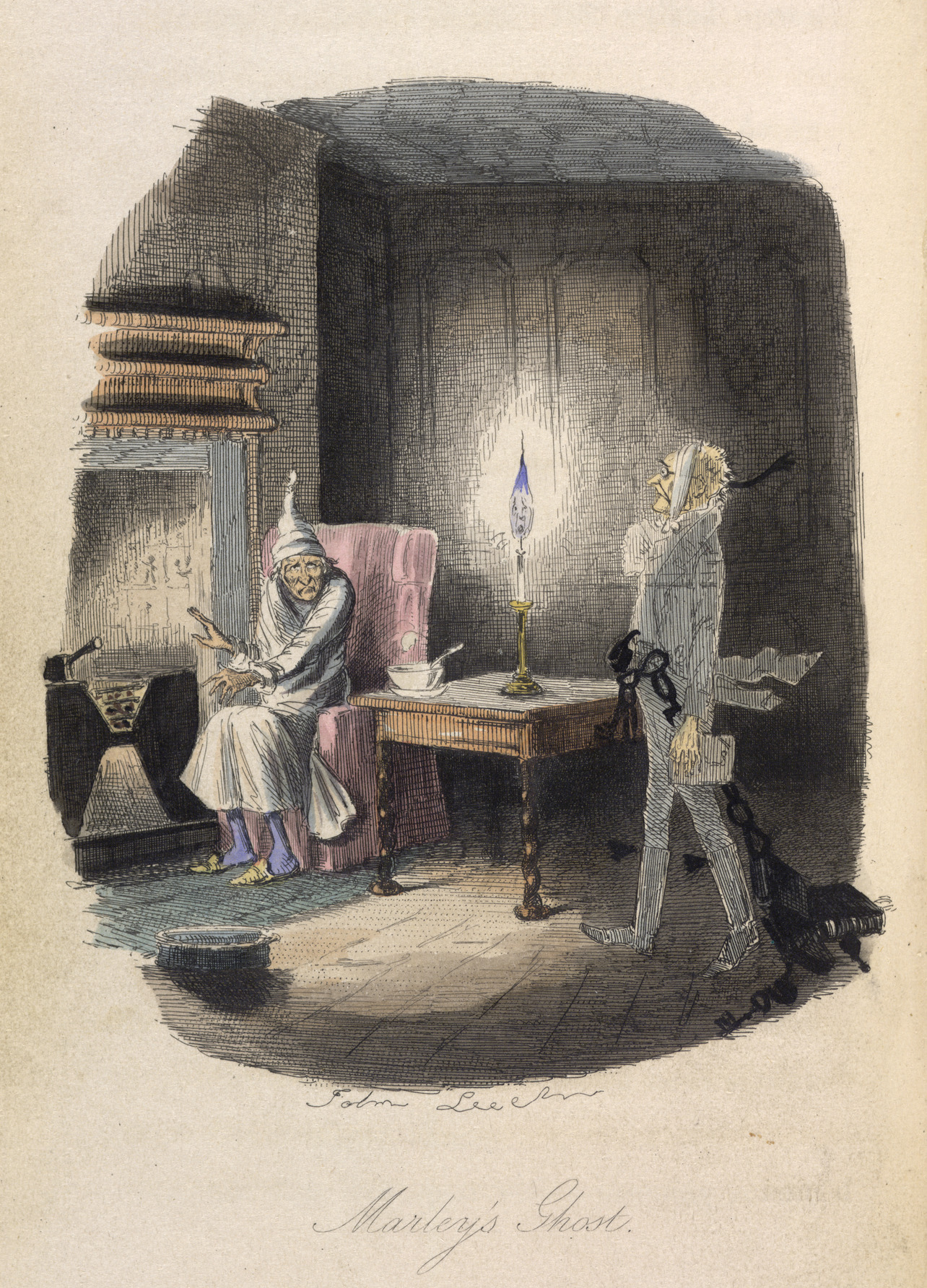 Colour illustration from 'A Christmas Carol in prose. Being a Ghost-story of Christmas', by Charles Dickens, With illustrations by John Leech.