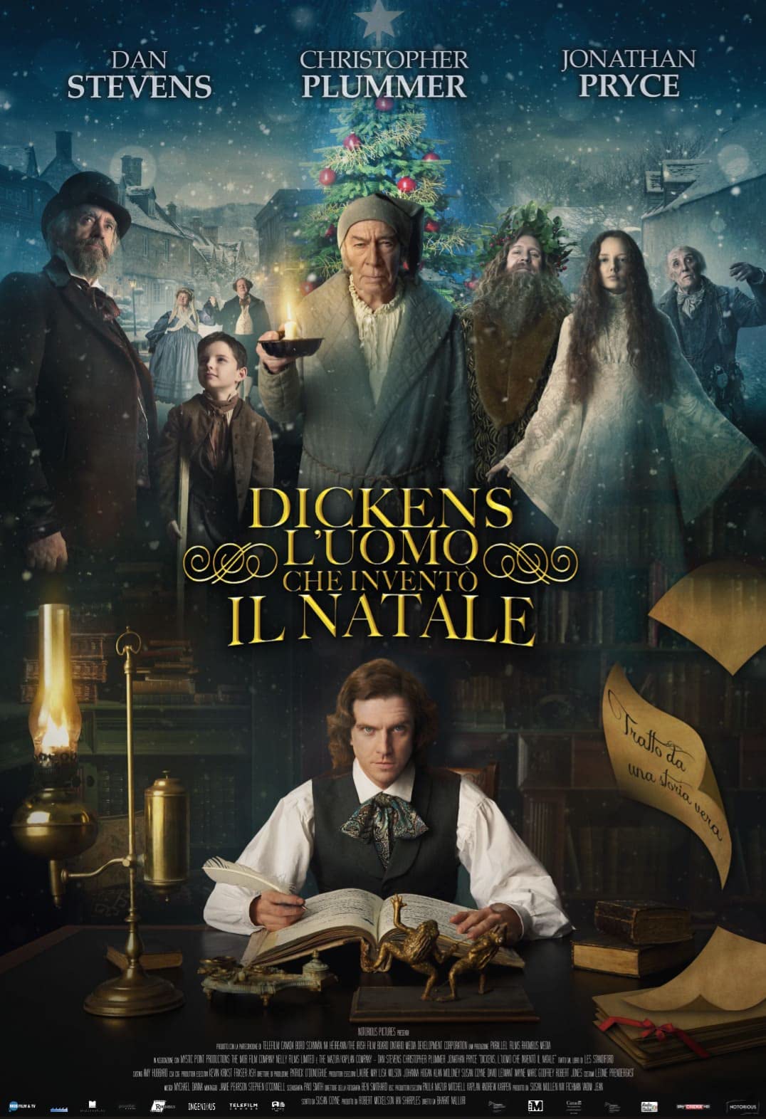 Jonathan Pryce, Christopher Plummer, Donald Sumpter, Dan Stevens, Justin Edwards, Anna Murphy, and Pearse Kearney in Dickens: L'uomo che inventò il Natale (2017)