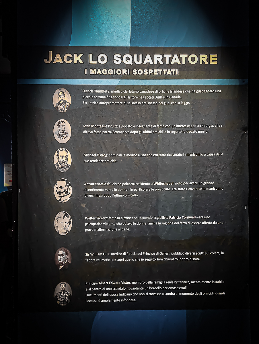 Infografica Jack lo Squartatore i maggiori sospettati presso “Serial Killer Exhibition” Milano 2023
