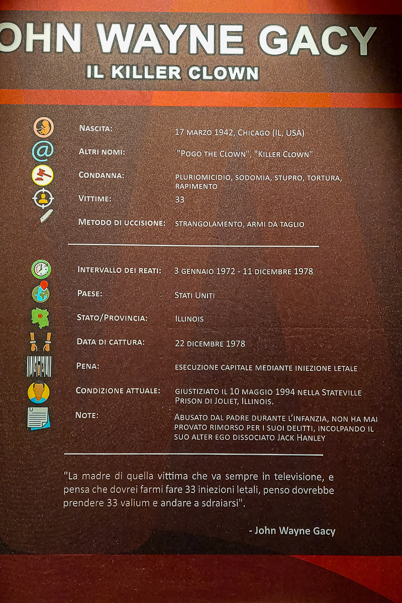 Infografica John Gacy presso “Serial Killer Exhibition” Milano 2023