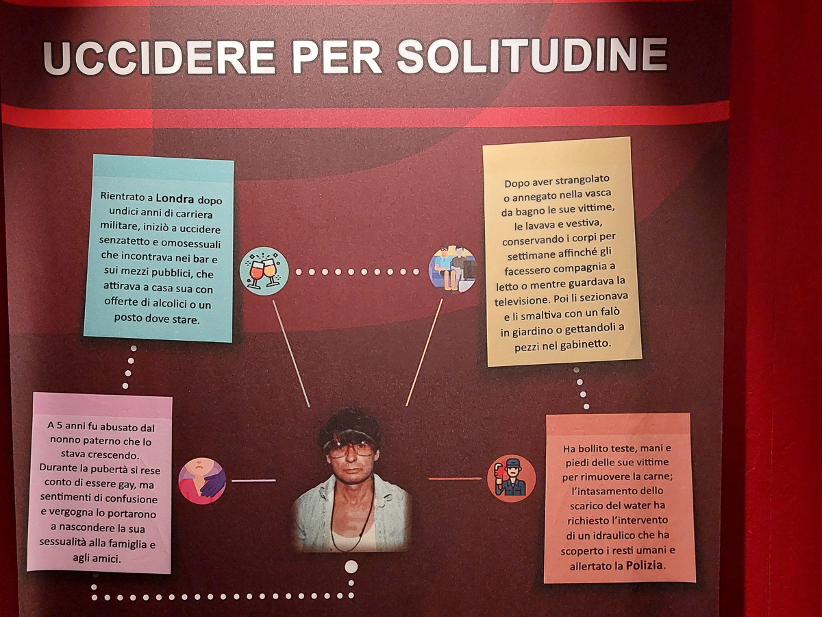 Infografica espositiva su Dennis Nilsen presso “Serial Killer Exhibition” Milano 2023