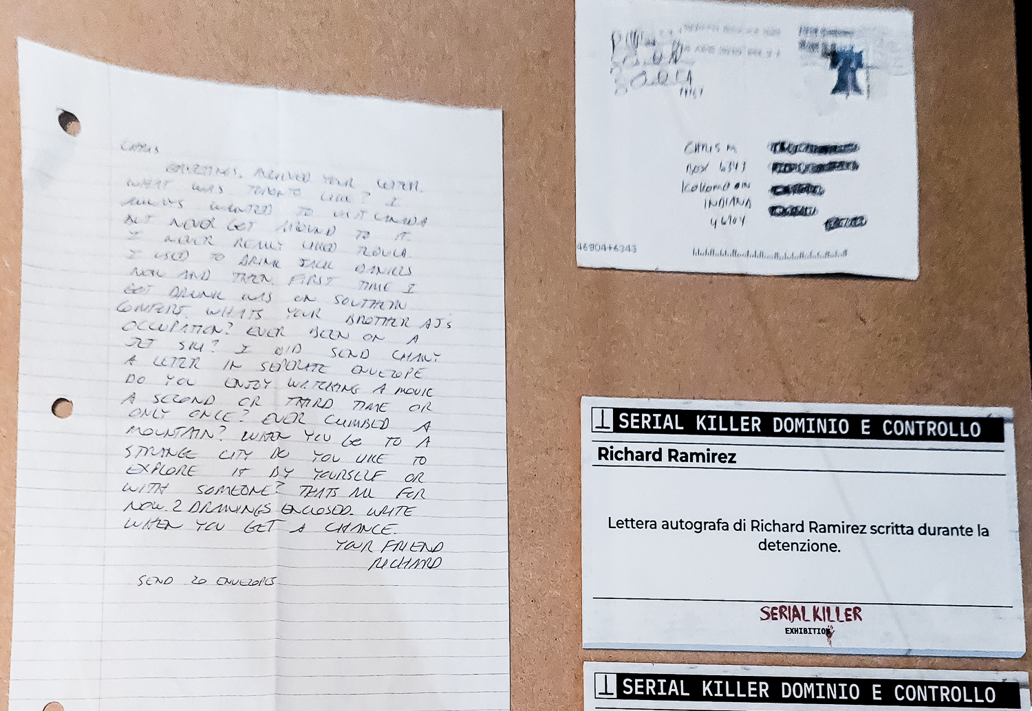 Lettera autografa di Richard Ramirez in esposizione presso “Serial Killer Exhibition” Milano 2023